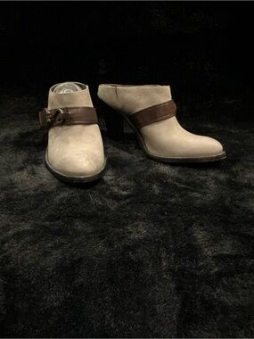 Cole Haan Taupe Leather Mule Heels with Brown Strap Accent Size 8.5